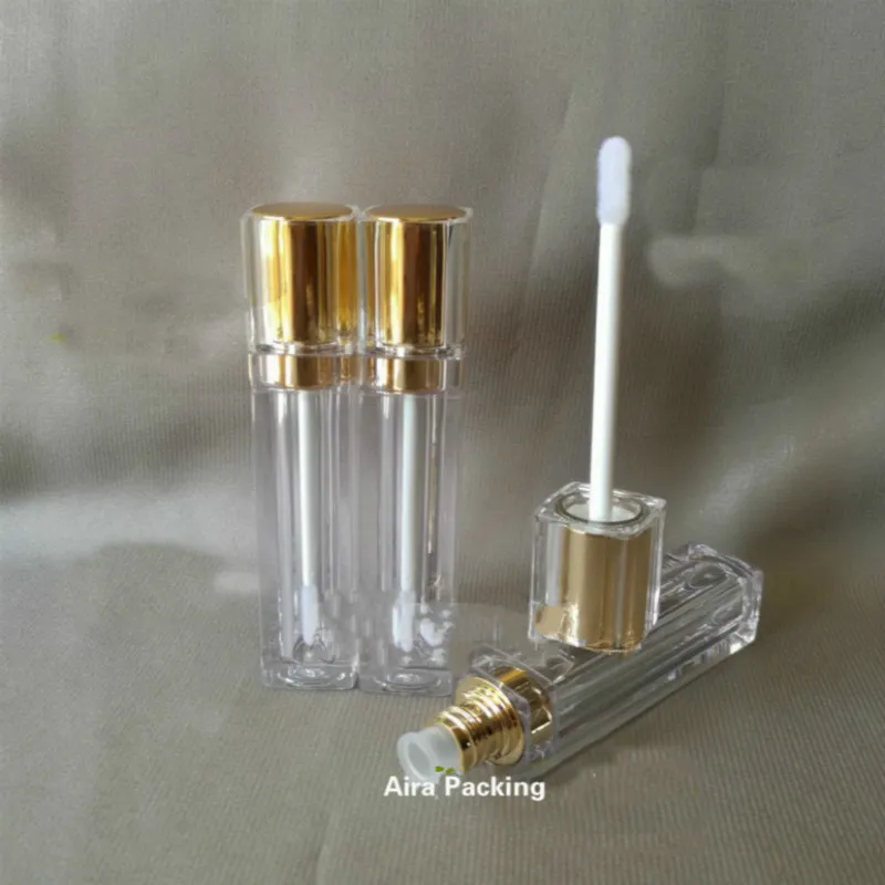 8ml 40st / mycket högkvalitativ kosmetisk läppglansflaska Elegant guld fyrkantig plast läppstift Refillable tube kvinnor skönhet verktyg