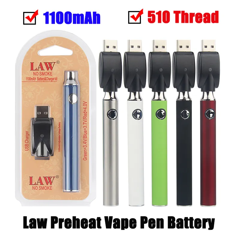 1pcs Preheating Battery 1100mAh LAW Battery Charger Kit Preheat VV Vape Pen 510 Thread Variable Vlotage Vape Battery With USB Charger