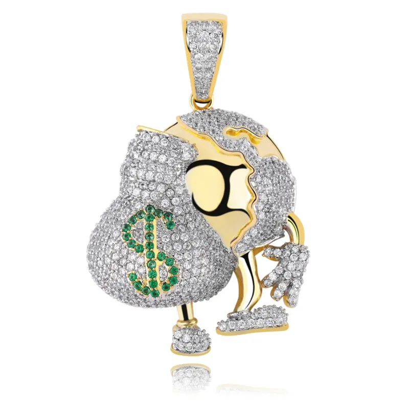 New Hotsale Men Necklace Gold Plated CZ Purse Pendant Hip Hop Rapper DJ Necklace Accessory