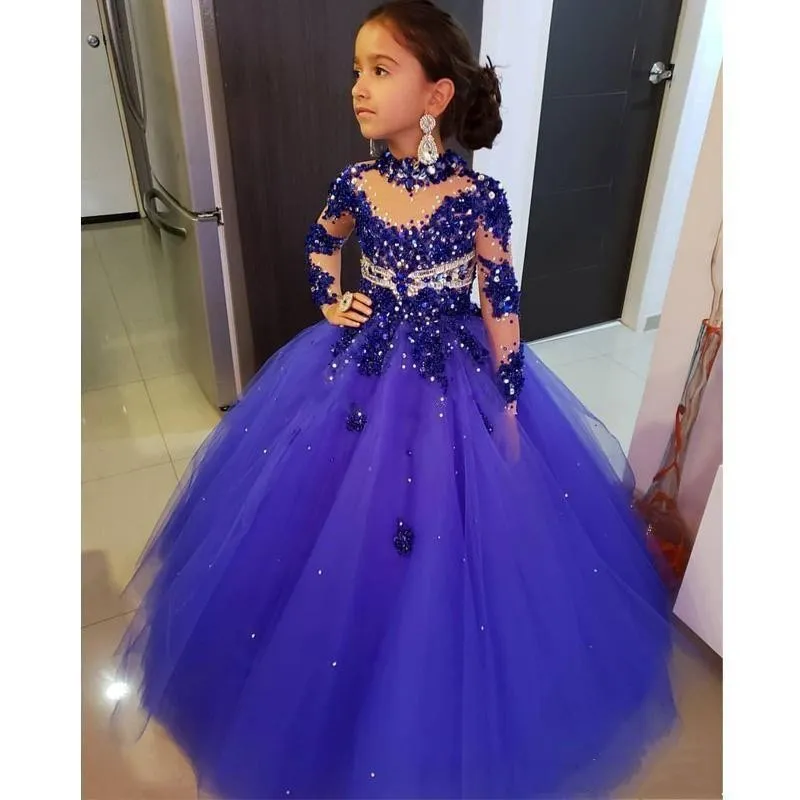 Kraliyet Mavi Küçük Kızlar Pageant Elbiseler Uzun Kollu Kristal Boncuklu Yüksek Neck Çocuk Balo Elbiseler Doğum Günü Partisi Küçük Kızlar için
