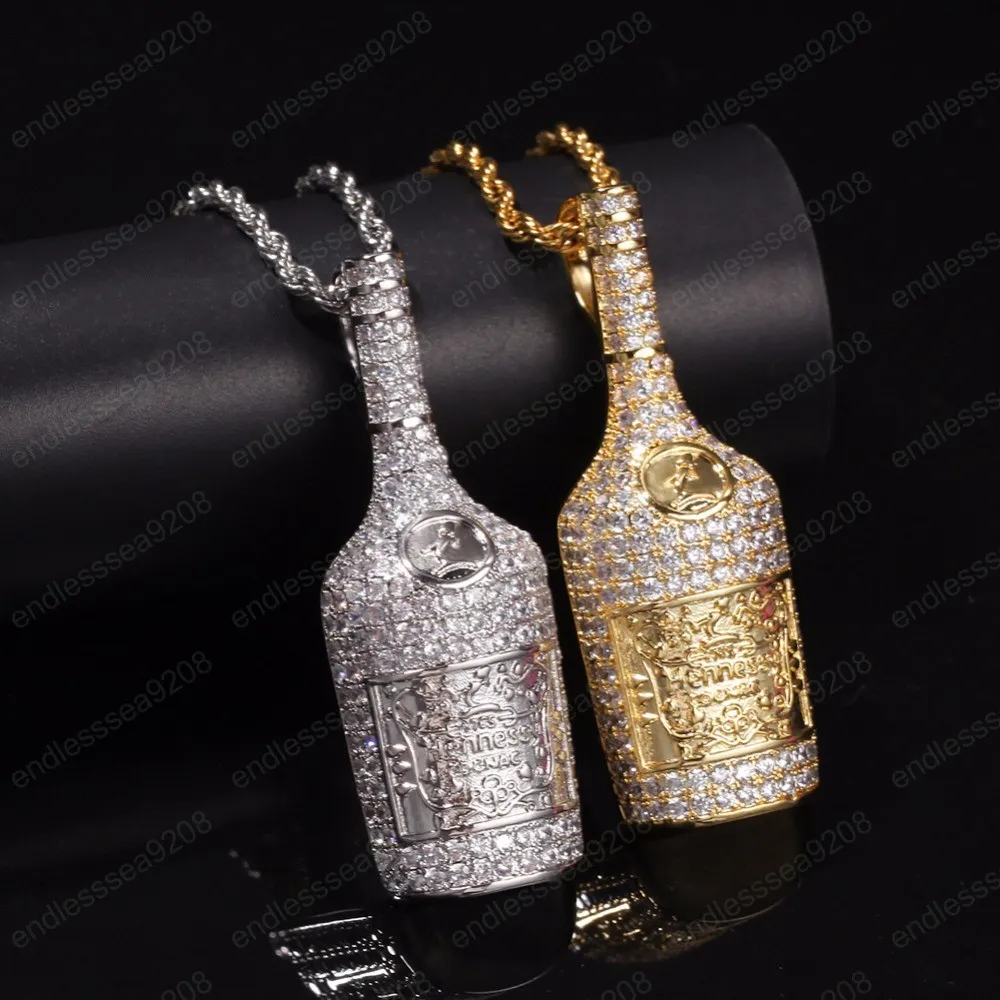 Iced Out Bling Champagner Flasche Anhänger Gold Farbe Rotwein Flasche Halskette Für Männer Hip Hop Party Jewelry295A