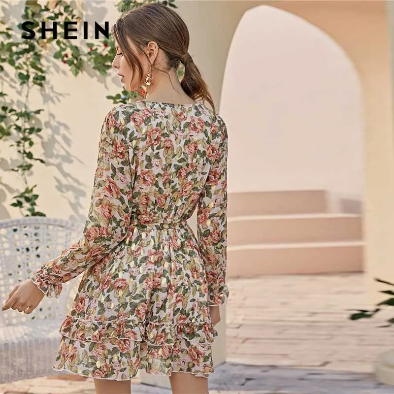 Shein Profunda V Neck Floral Imprimir Boho Vestido Com Cinto Mulheres  Spring Flounce Sleeve Cintura Alta Em Camadas Camada Hem Folho Vestidos  Curtos De $274,21