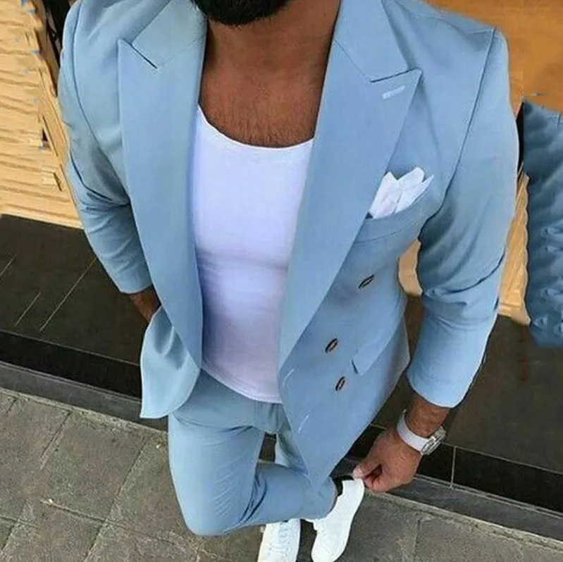 Summer Latest Coat Pant Light Blue Men Suit Double Breasted Groom