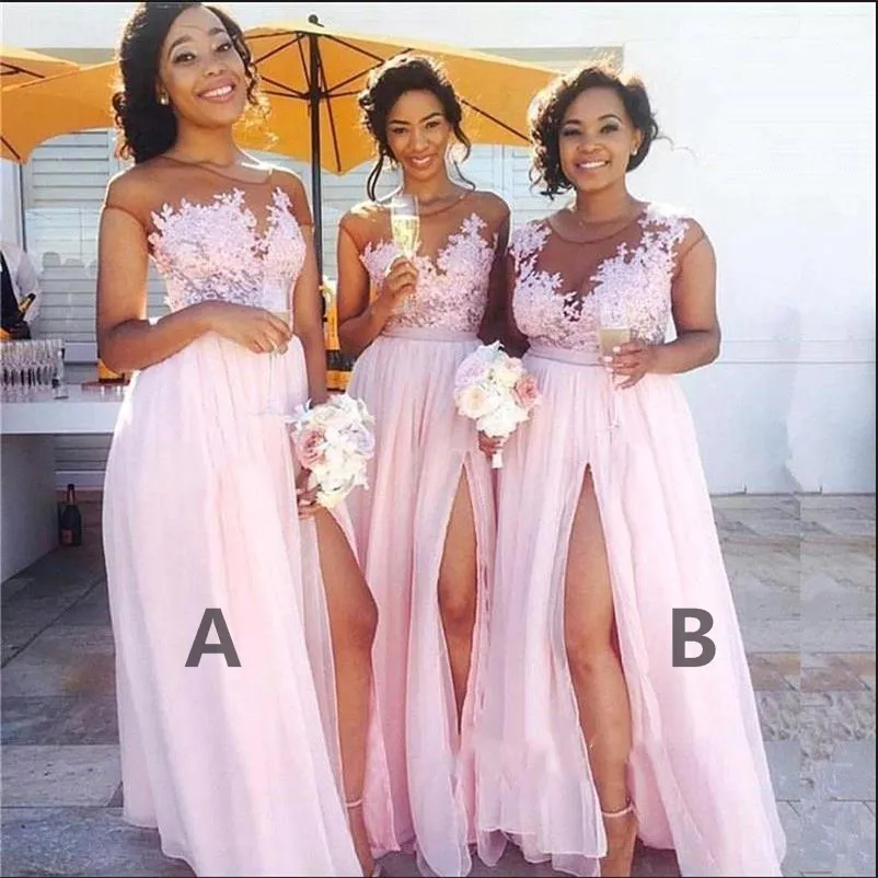 Hermoso encaje gasa vestidos de dama de honor de Sudáfrica más talla grande lado vestido de noche split sexy Maid of Honor vestido