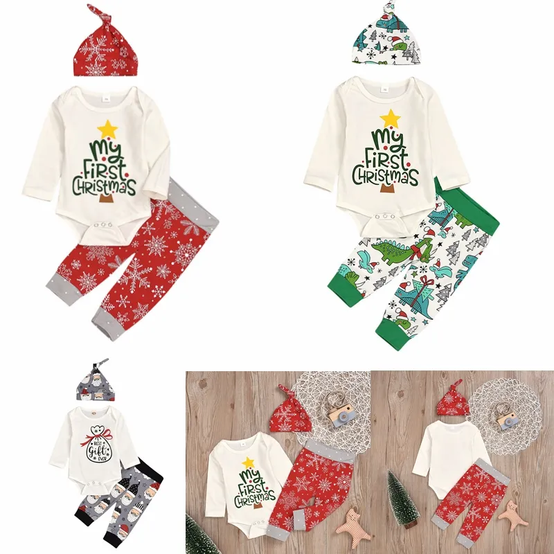 Jul nyfödda baby boys tjejer toppar romer byxor hatt 3pcs outfits set christmas kläder byxa kostym