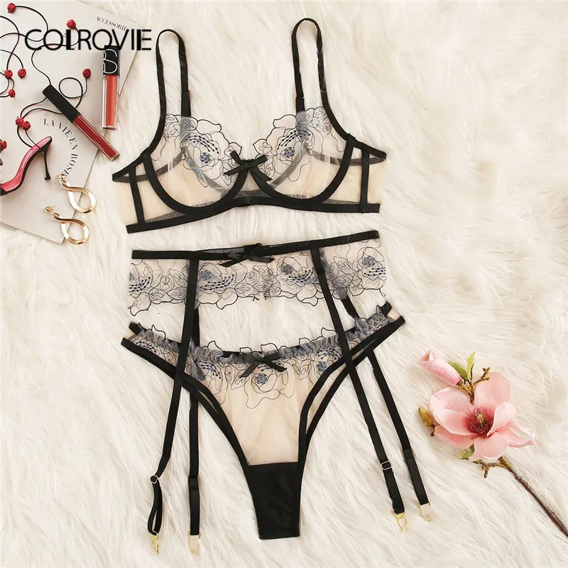 COLROVIE Floral Lace Sheer Garter Sexy Lingerie Set Women