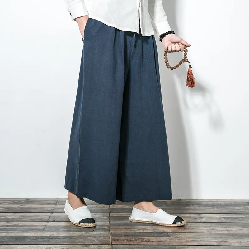 Women's Linen Flare Loose Casual Shorts Pants Elastic Waist Skirt-Look Wide  Leg