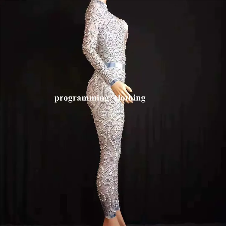 E25 femmes pole dance porte body perle diamants combinaison tenues serrées disco performance costumes chanteur spectacle robe vêtir catw242p