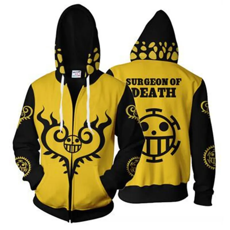 Mens Hoodies Anime 원피스 3D 까마귀 스웨터 Trafalgar Law Cosplay Of Heart 지퍼 후드 탑스 겉옷 코트 복장 5XL