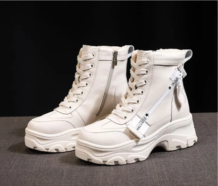 Hot Sale-Kvinnor Skor Fall Vinter Kvinnor Martin Stövlar Tjock Korsbundet Sida Zipper Martin Boots Casual Platform Mujer Snow Boots