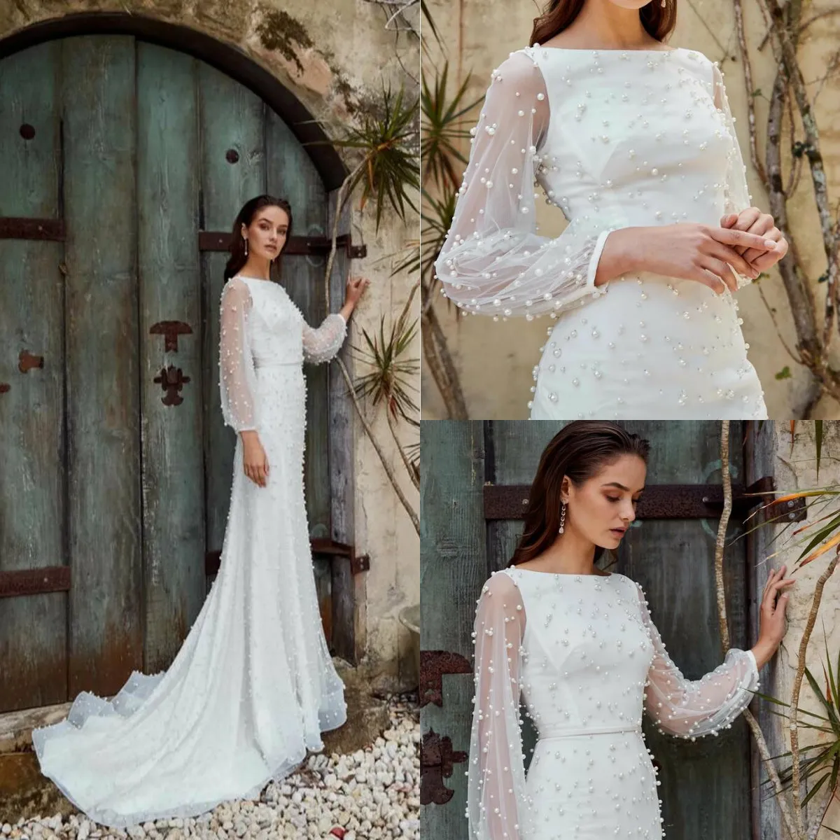 2019 Major Pearls Mermaid Wedding Dresses Bateau Neck Long Sleeve Sweep Train Lace Wedding Dress Boho Vestidos De Novia Bridal Gowns