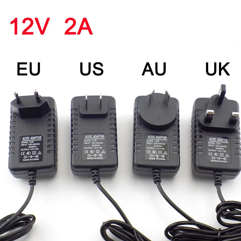 5.5mmx2.5mm Wtyczka DC AC do DC Zasilanie Adapter 12V 2A 100-240V Adapter ładowarki do CCTV Lampa LED US AU UK wtyczka