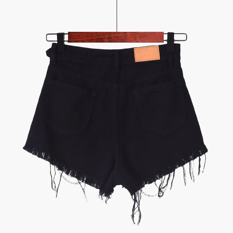 Womens Shorts Black Fringe Goth Chain Denim Women Cut Out Summer