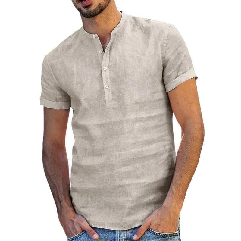 Summer White Cotton Linen Shirts Men Short Sleeve Mens Henley