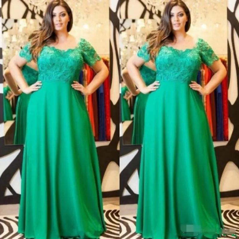 Plus size groene moeder van de bruid jurken vierkante nek kant geappliceerd korte mouwen een lijn chiffon aangepaste formele bruiloft gastjurken