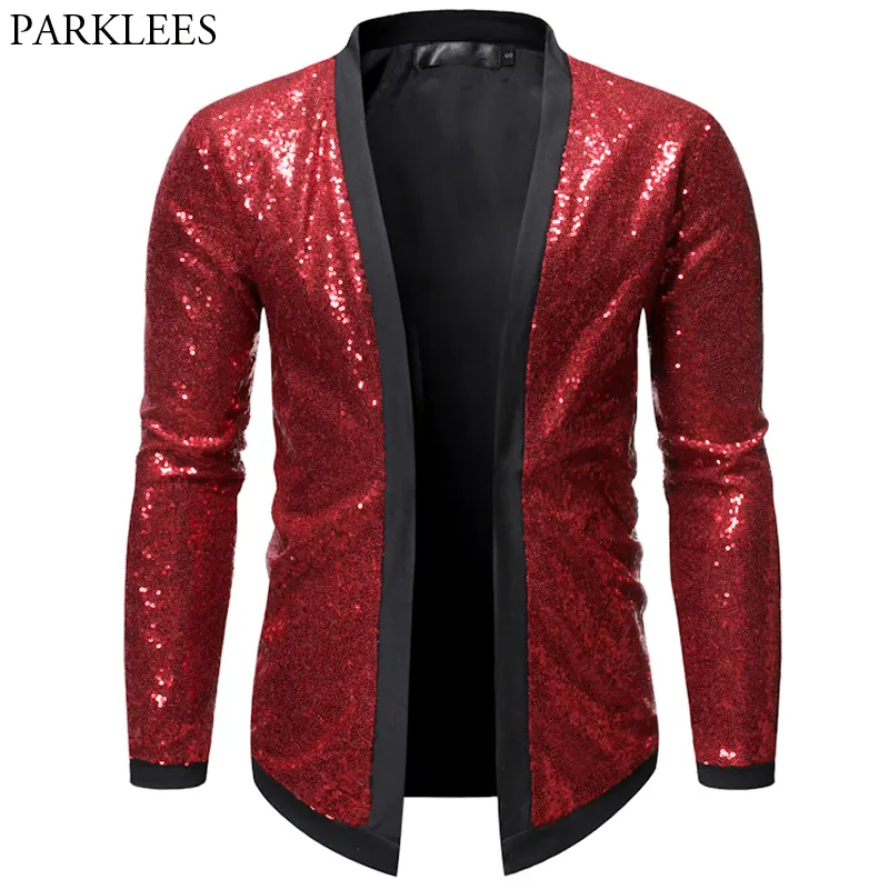 Veste bombardier à paillettes pour hommes, rouge brillant, Cardigan pour boîte de nuit, spectacle de danse sur scène, Chaqueta Hombre