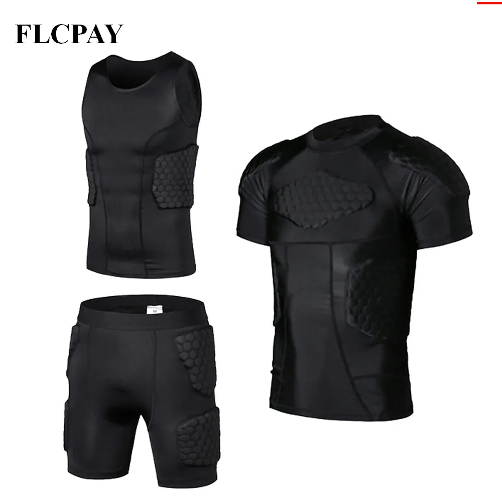 Mens Padded Shirt Training Vest T Shirt Short Set Ribs Thighs Buttocks