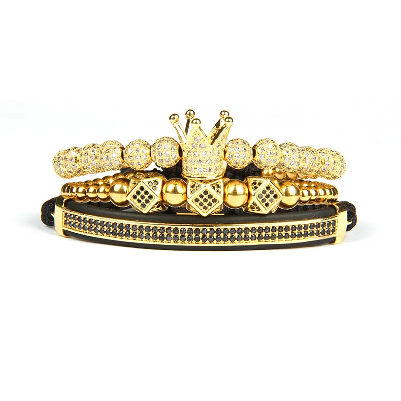 New Bracelet Men And Women 3pcs/set Crown Hamsa Eye Macrame Bracelets 3pcs/Set Stainless Steel Beads Best Quality Jewelry For Gift