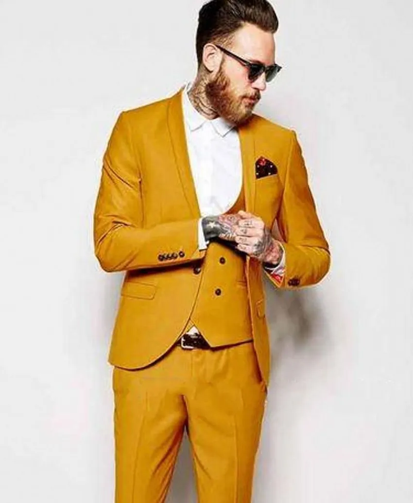 Yellow Groom Tuxedos Szal Lapel Slim Fit Groomsman Wedding Tuxedos Mężczyźni Prom Party Jacket Blazer 3 Piece Suit (kurtka + spodnie + krawat + kamizelka) 91
