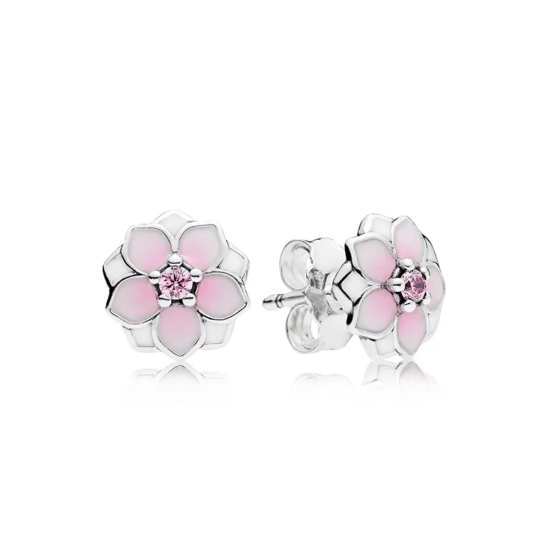 Brincos de magnólia rosa caixa original para pandora 925 prata esterlina mulheres meninas brincos de flores conjuntos de caixas de varejo