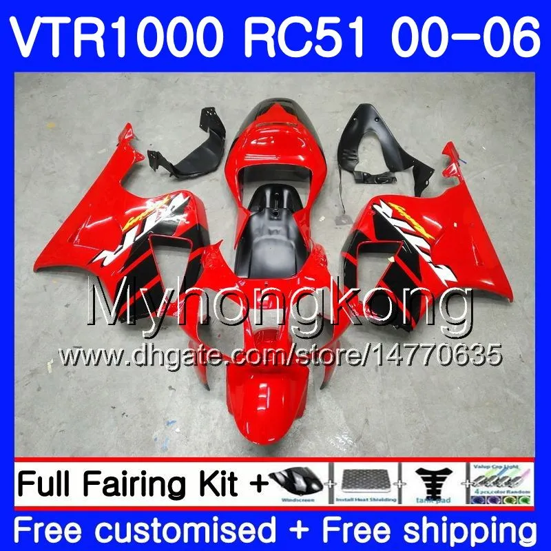 Kit för Honda VTR1000 RC51 SP1 SP2 00 01 02 03 04 05 06 257HM.0 RTV1000 VTR 1000 2000 2001 2002 2003 2004 2005 2006 Fairing Factory Red Blk