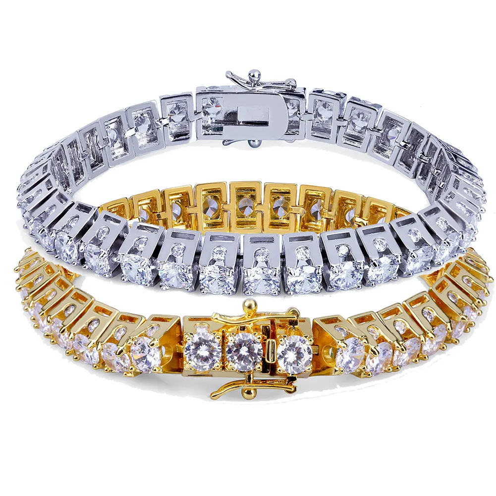 18K Gold and White Gold Plated Hip Hop Big Zircon Tennis Chain Bracelet Single Row Trapezoid Diamond Men's Cuban Chains Rapper Jewelry Gifts