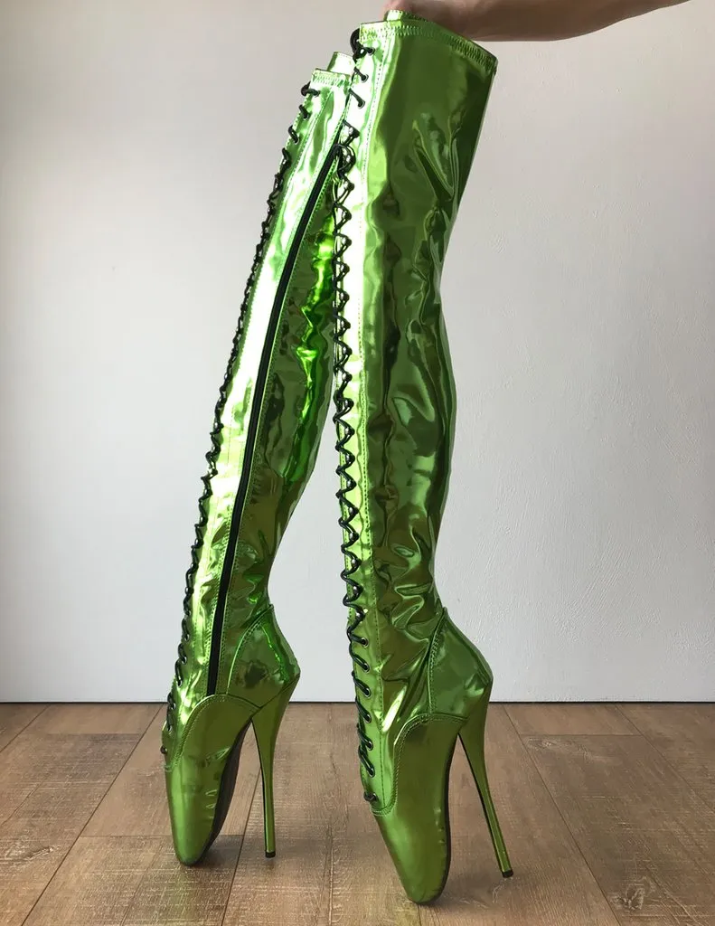 High Thigh Boots Sexy Fetish Heels Ballet Shoes Boot Heels Women Boots 18cm Extreme High Heel Green Thigh High Boots