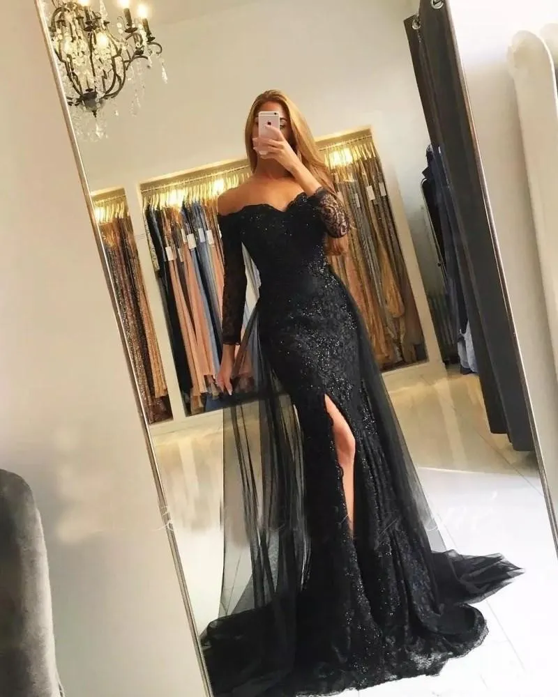 Svart Muslim Prom Klänningar 2019 sjöjungfru 3/4 ärmar v Neck Lace Beaded Side Slit Islamic Dubai Kaftan Saudiarabiska Långkvällar