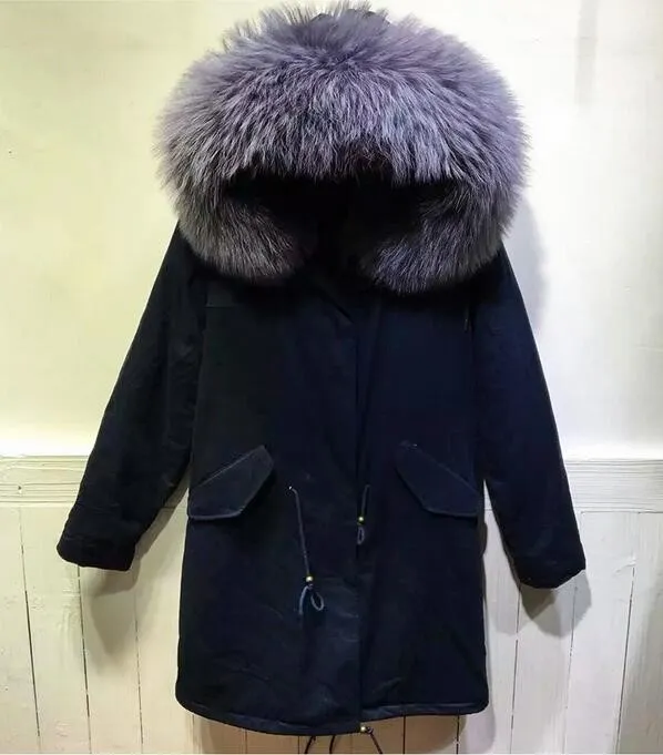 2019 luxe grijze wasbeer bont trim parka vrouwen bontjassen miaifeng merk grijs konijnenbont voering marine blauwe lange parka's