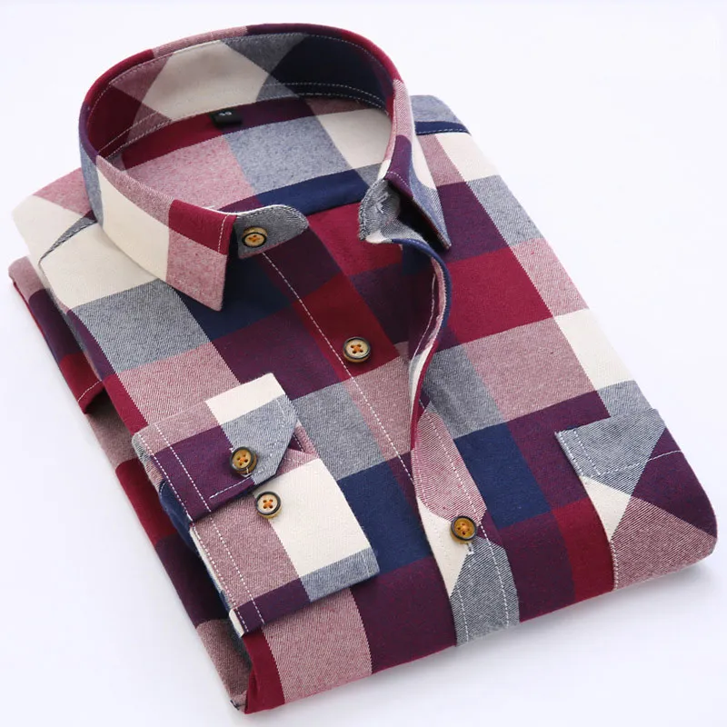 Fashion-2019 Långärmad Mens Casual Shirts Bomull Plaidskjorta Män Flannel Varm Mänskontroll Plus Storlek Slim Fit