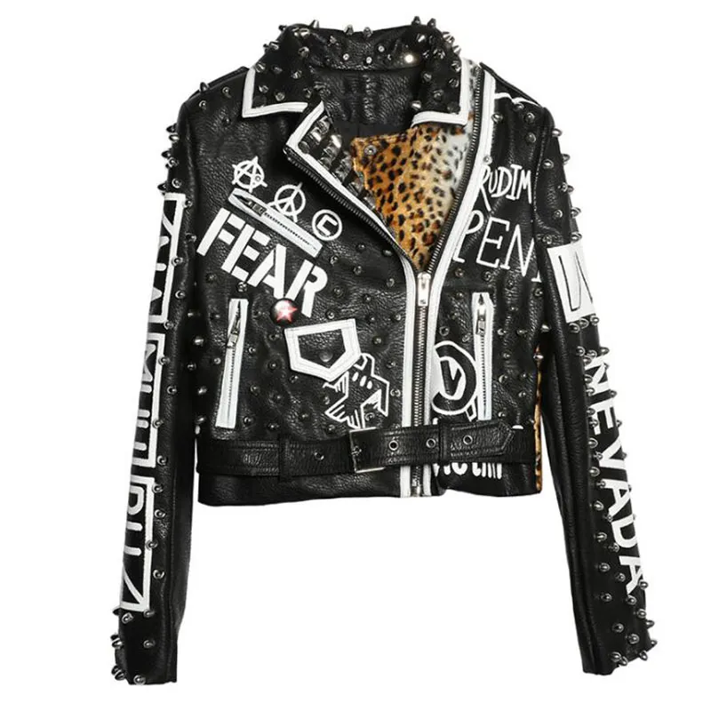 Schwarz Leopard Leder Jacke Frauen 2018 Herbst Winter Mode Umlegekragen Punk Rock Nieten Jacken Damen mäntel