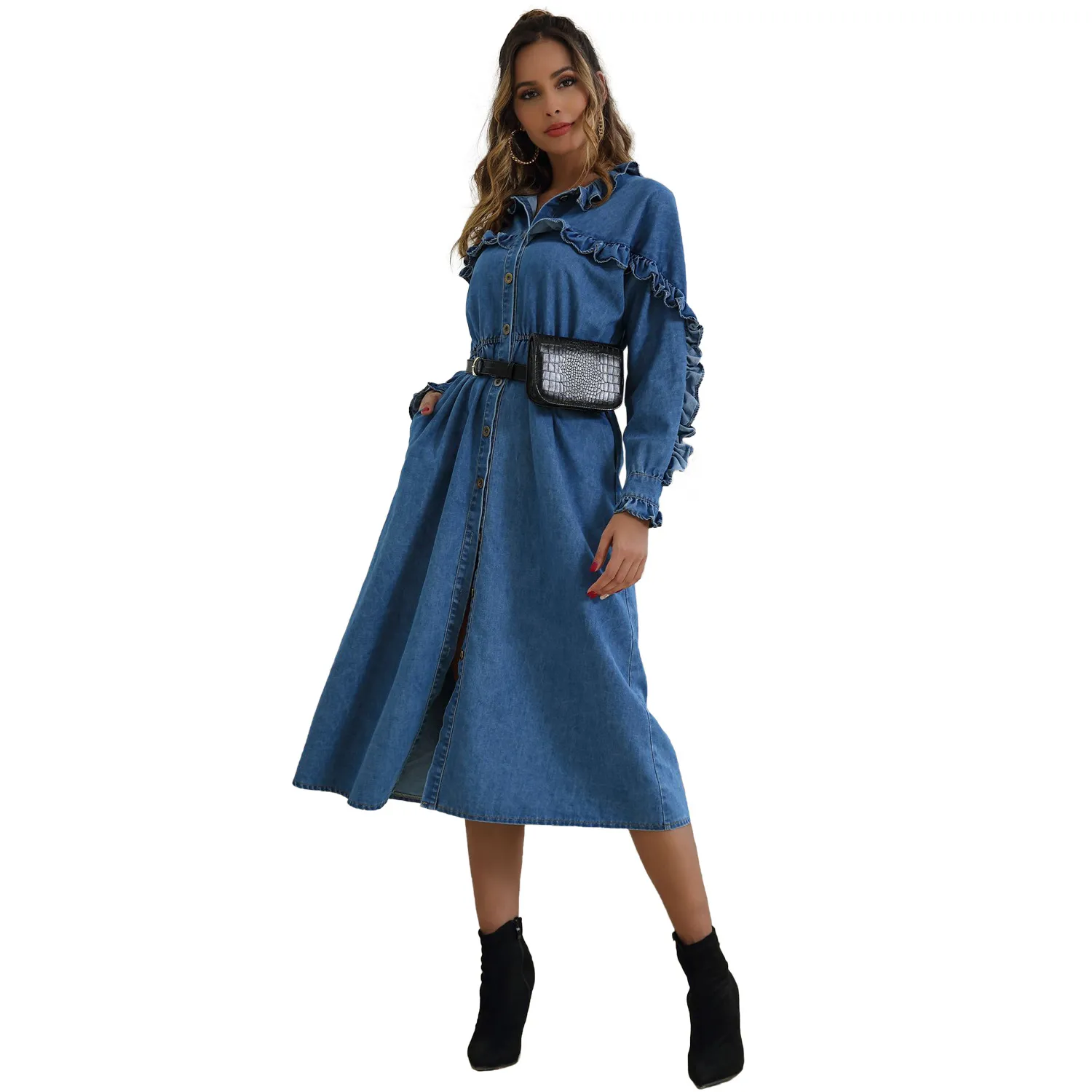 W-20057 Winter Women's European and American fashion flouncing long sleeve length denim dress