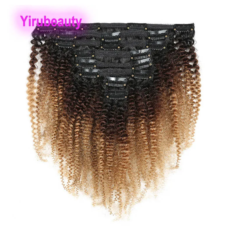 Afro Kinky Curly 1B/4/27 Peruvian Human Hair Ombre Color Clip-in Hair Extensions 10-22inch 1b 4 27