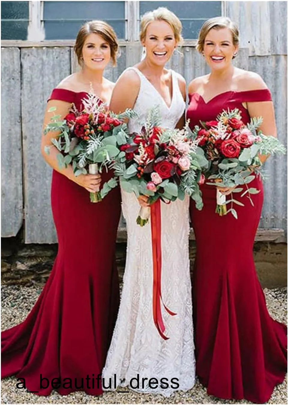 Простые длинные русалки Red BrideMaids платья новые сгибы с длиной плеча промежутки завещания поезда невесты платье Prom Party Preading