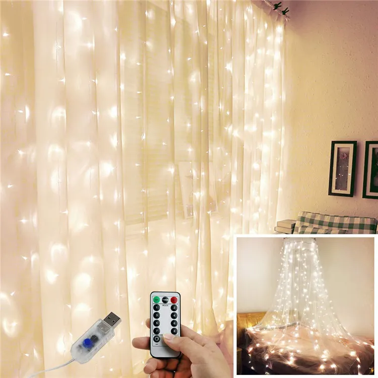 3M LED Curtain Lamp Warm White christmas String Lights Remote Control USB fairy light garland Bedroom Home decoration lighting