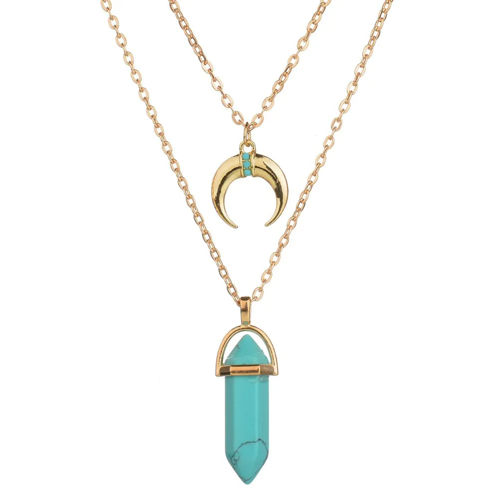 New Luxury Womens Gold Plated Double Chain Colorful Natural Stone Pendant Necklace