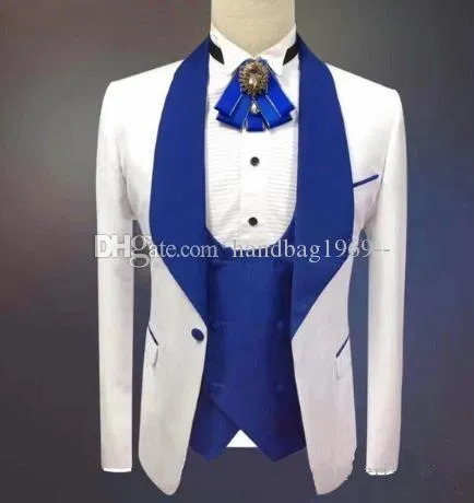 Real Photo White Shawl Collar Groom Tuxedos Mens Prom Party Suits Coat Waistcoat Byxor Set (Jacka + Byxor + Vest + Bow Slips) K205