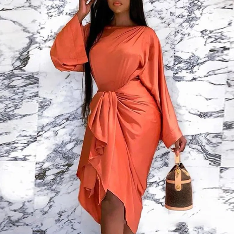 Stijlvolle Dame Batwing Mouw Tie Jurk 2020 Lente Dames O Hals Bodycon Bandage Orange Club Party Asymmetrische Elegante Midi-jurk