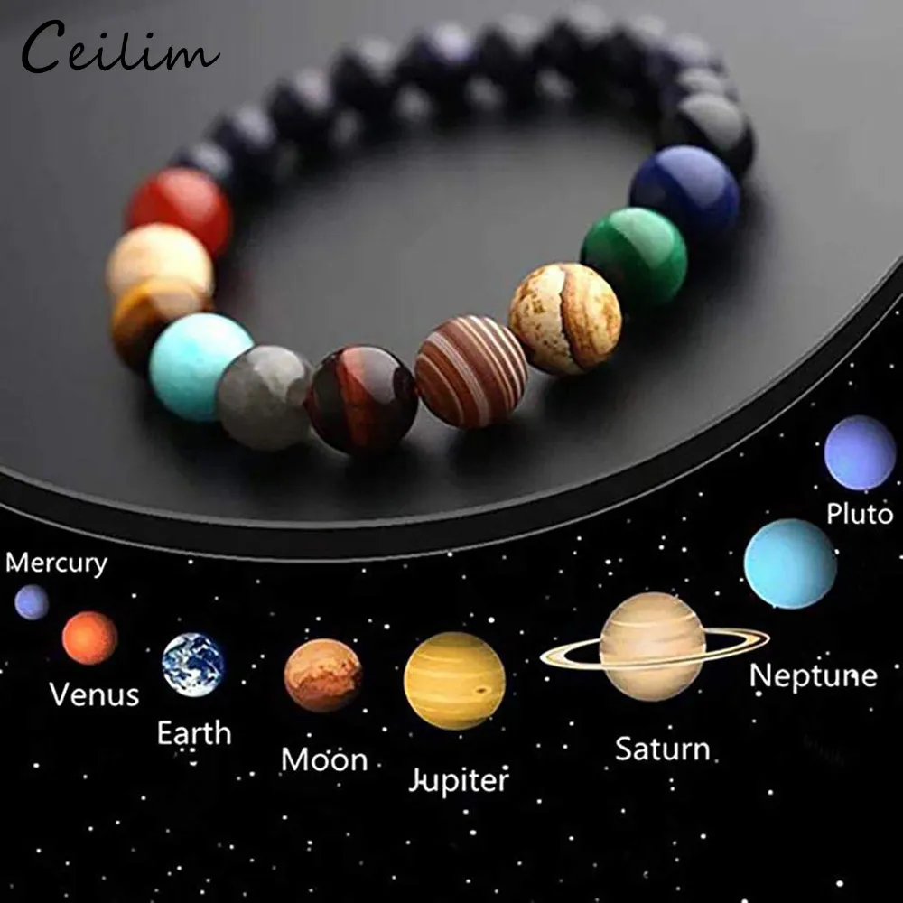 Galaxy acht planeten kralen armband strengen mannen natuursteen universe zonnestelsel yoga chakra armbanden voor heren vrouwen sieraden