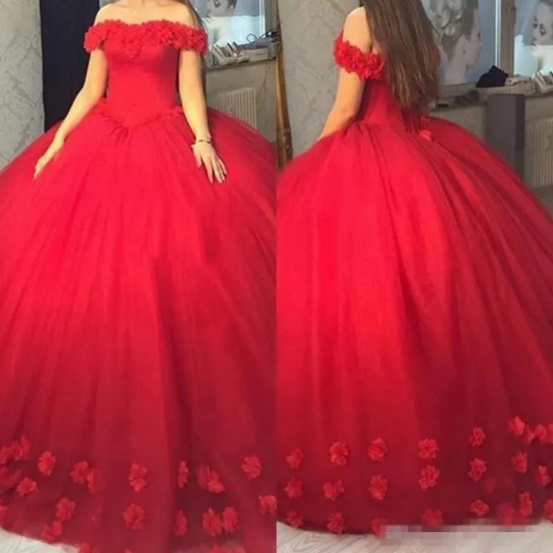 Röd boll klänning quinceanera klänningar 3d blommig applique handgjorda blommor sexig utanför axeln skräddarsydda prom klänning i formellt slitage