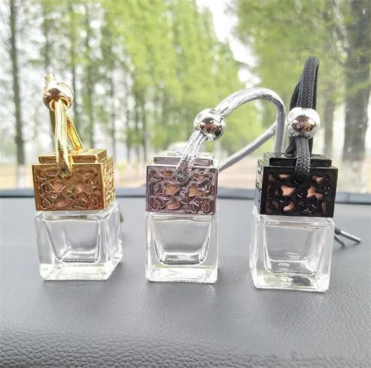 Kubus holle auto parfum fles achteruitkijking ornament opknoping luchtverfrisser voor essentiële oliën diffusor geur lege glazen fles gratis schip