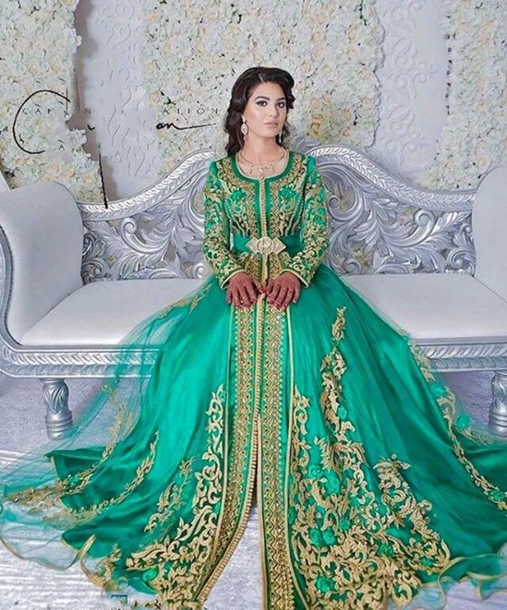 Plus Sizes Evening Dresses Long Sleeved Emerald Green Muslim Formal Evening Dress Abaya Designs Dubai Turkish Prom Gowns Moroccan Kaftan