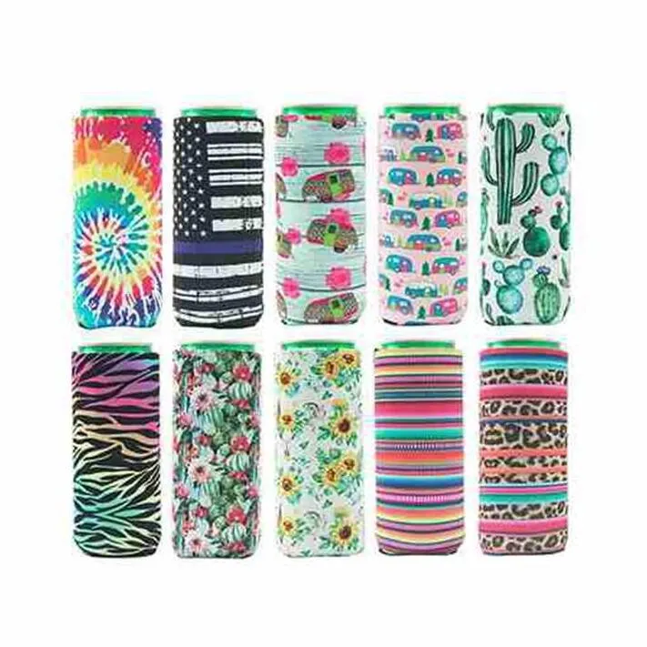 Slim Can Beer Sleeves Insulators Neoprene Beverage Cooler Cover Collapsible Cola Soda Bottle Koozies Cactus Leopard Can Sleeve CGY391