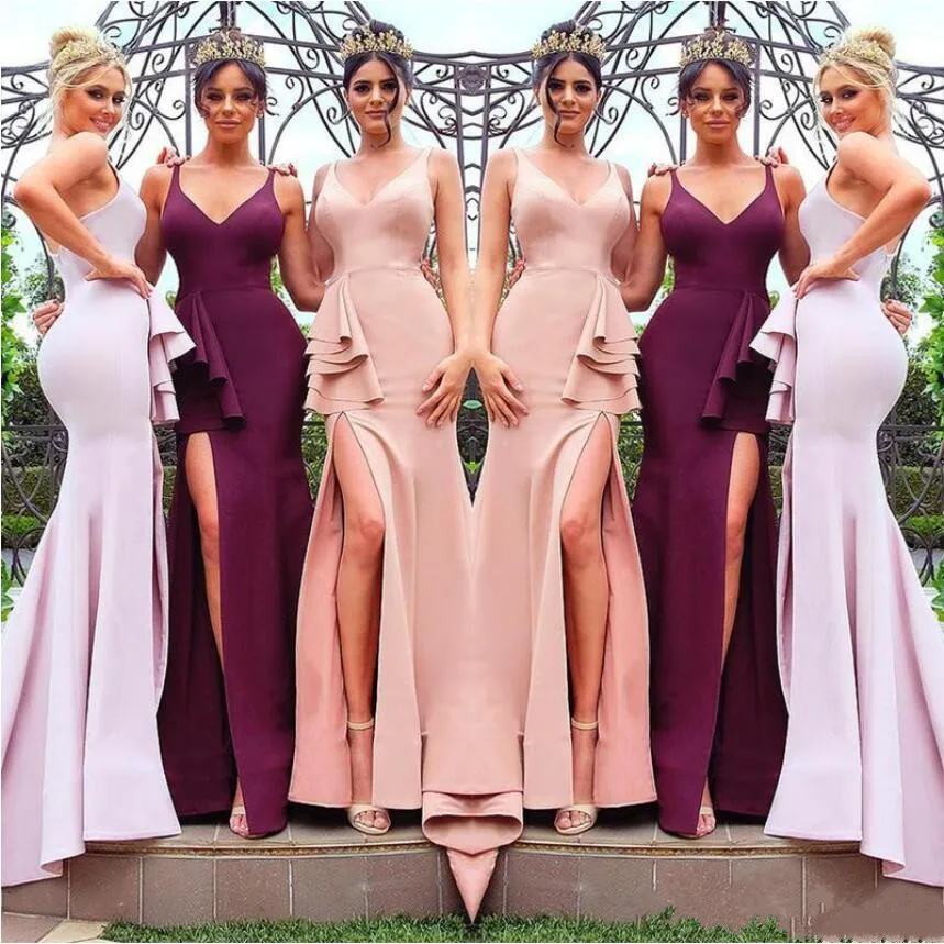 2019 Nowy Burgundy Druhna Dresses Sexy High Slit Spaghetti Bez Rękawów Backless Junior Maid of Honor Beach Mermaid Wedding Suknie Party