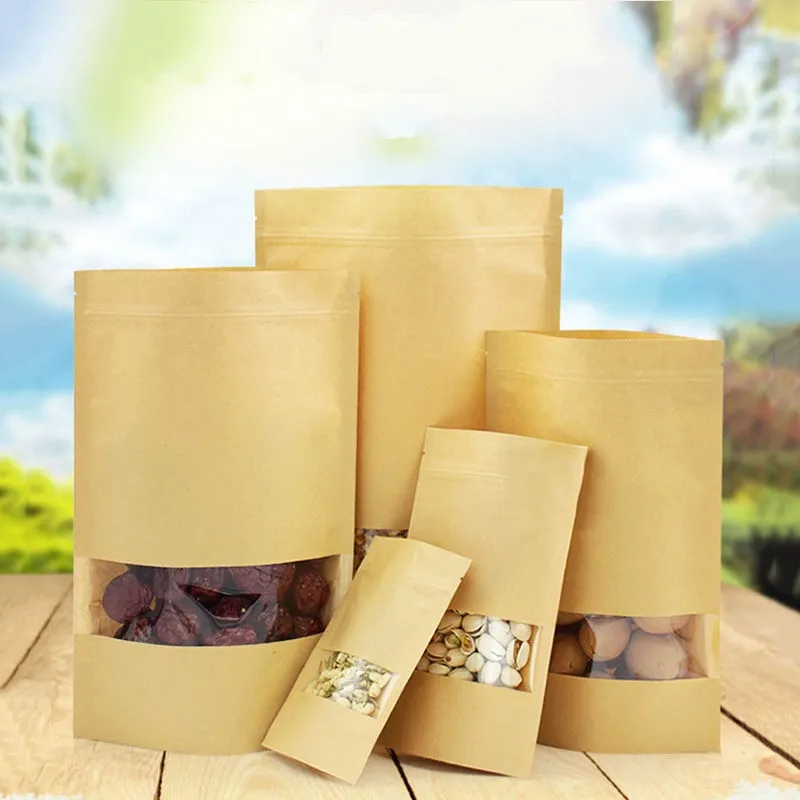 Kraft Paper Bag with Window 100PCS/LOT Stand Up Zipper Pouch Bag with Window Food Tea Storage Pouches