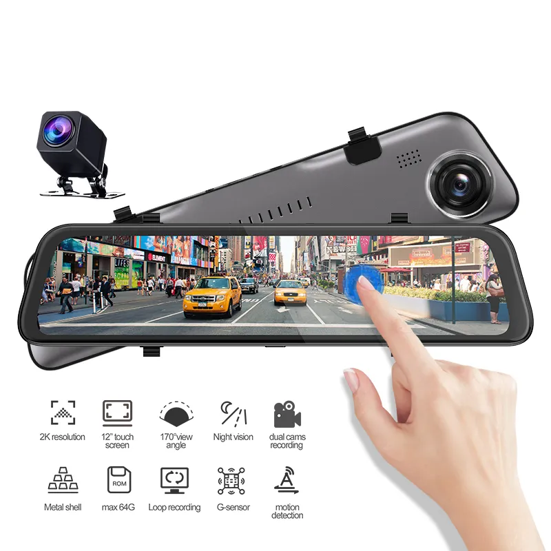 12 "Achteruitkijkstroom Mirror Auto DVR Dashcam 2ch Driving Recorder Super Slanke Zinklegering Case 2.5D Gebogen Glas 2K + 1080P Video 170 ° + 140 ° FOV