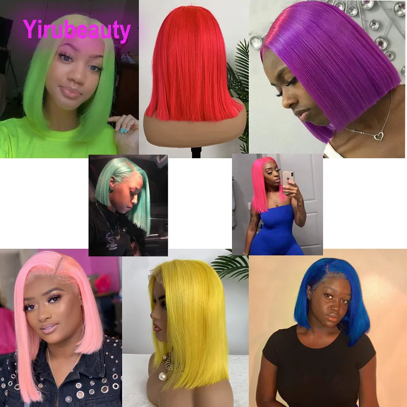 Brazilian Virgin Hair Bob Wig 13X4 Lace closure Wigs Yellow Red Blue Orange Pink Peruvian Malaysian Human Hairs Wigs 12-18inch