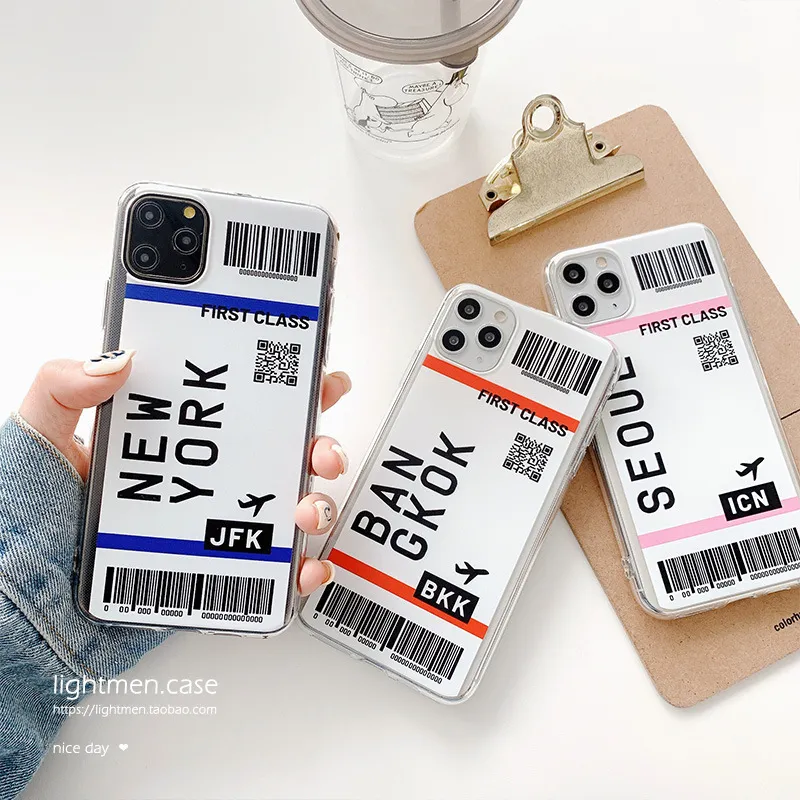 Leuke eersteklas vliegtuigtelefoonhoesje voor iPhone 14 13 12 11 Pro Max 7 8 Plus X XR XS Max Flight Ticket Letter Soft Silicone Back Cover