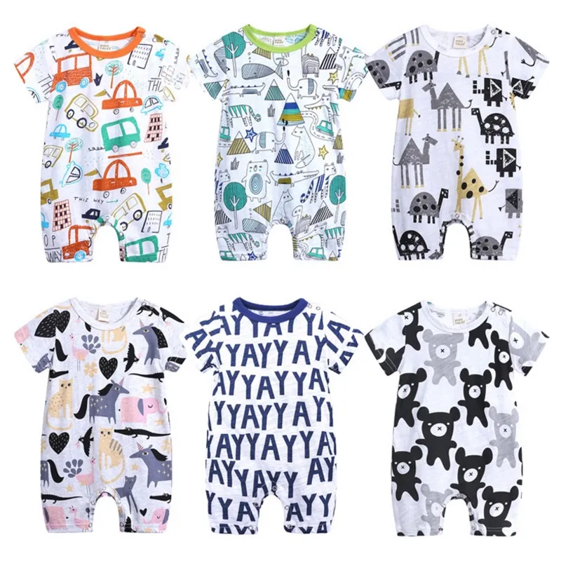 Baby Clothes 100% Cotton Infant Jumpsuits Short Sleeve Children Rompers Printed Newborn Climbing Clothes Cartoon Kids Outfits 6 Color DW2390