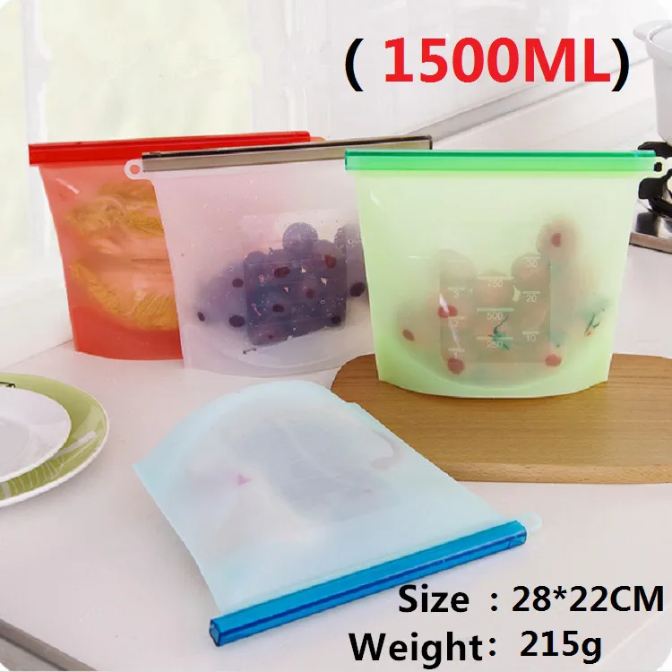 도매 1500ML 재사용 가능한 실리콘 식품 신선한 가방 포장 냉장고 식품 저장 용기 냉장고 가방 주방 컬러 지 플락 백